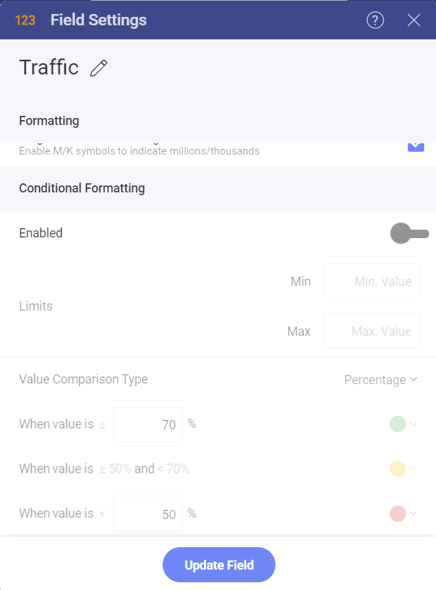 Conditional formatting configuration in Field settings menu