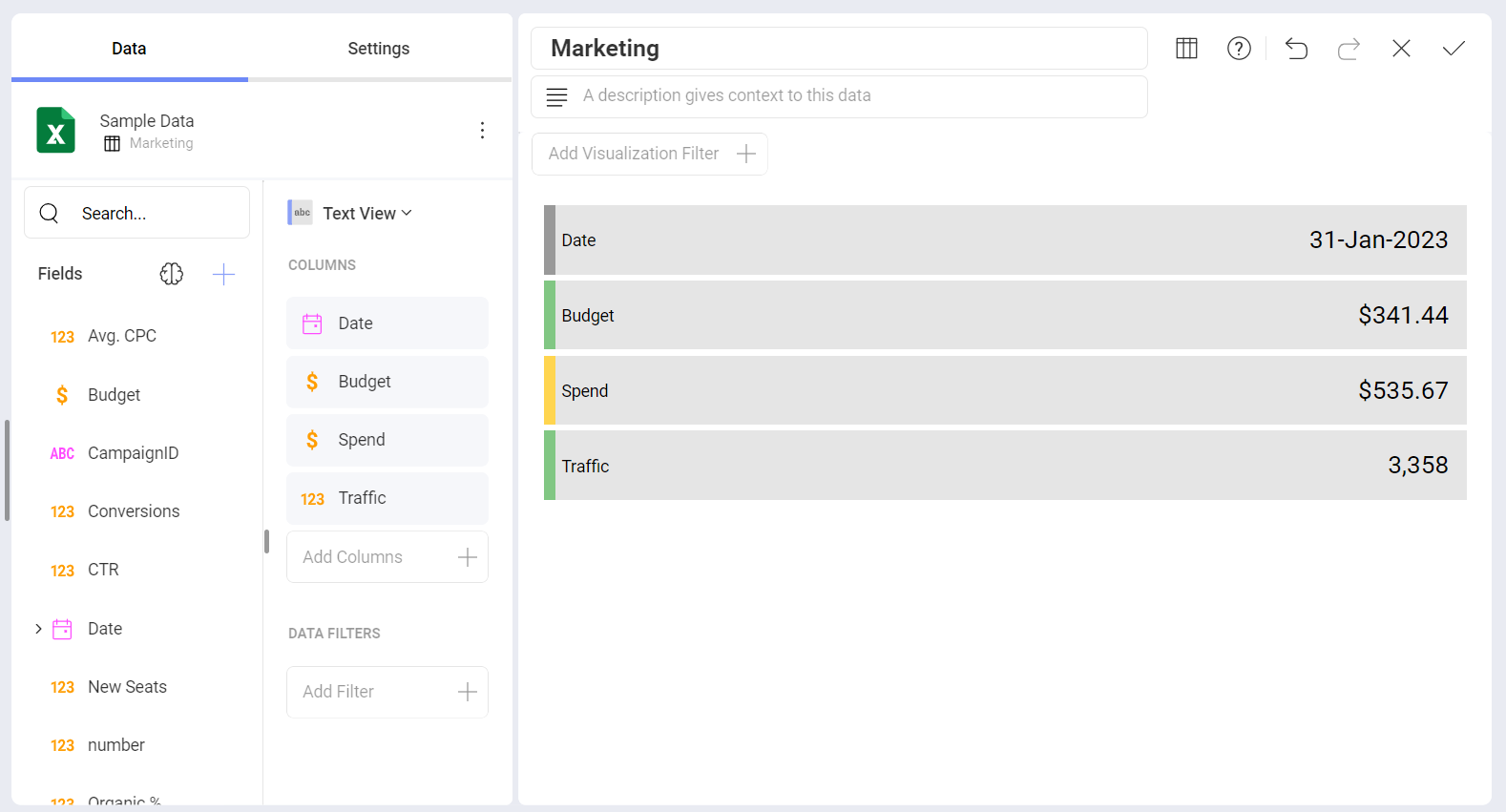 Text view conditional formatting showing Marketing Metrics Visualization