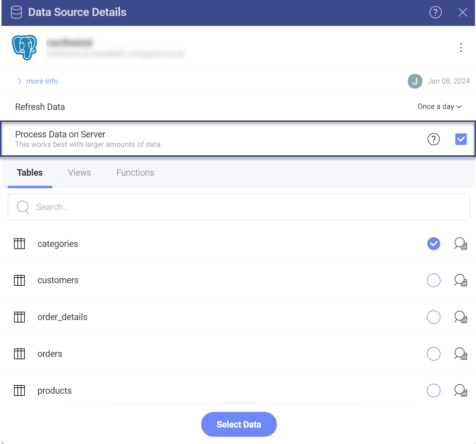  Process data on server checkbox in the Set Up the Database dialog in PostgreSQL