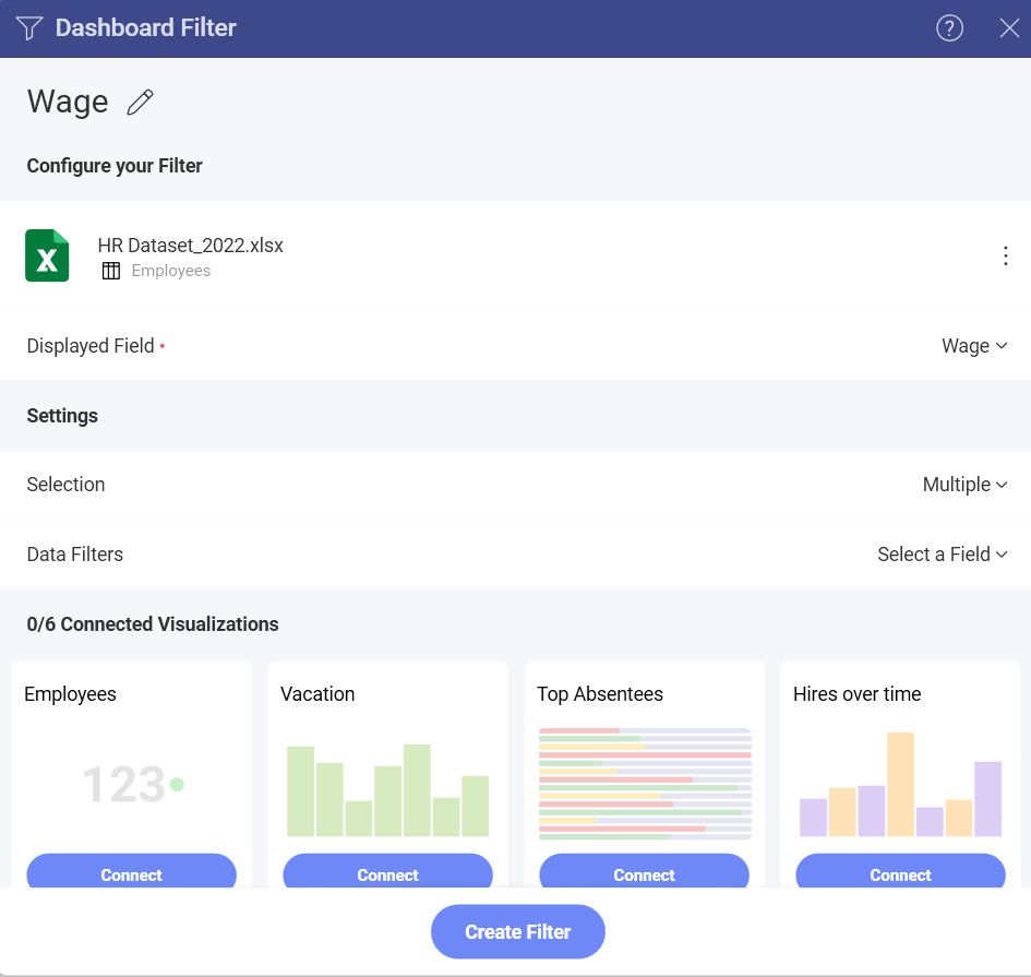 Dashboard Filter settings menu