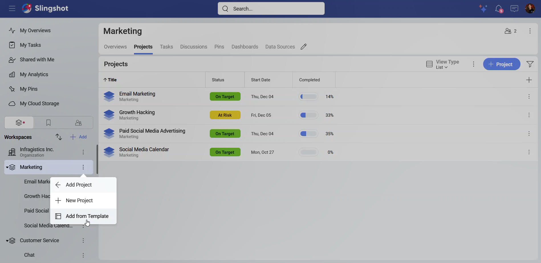 Add from template option in a workspace overflow menu