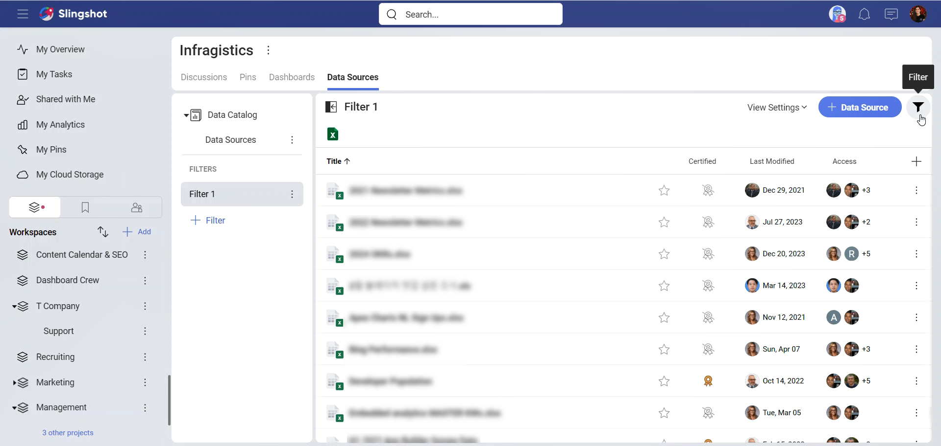 Filter icon for data sources in data catalog