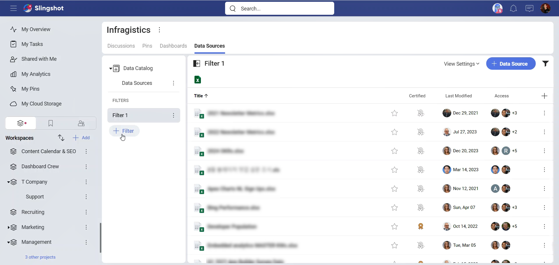 Filter option for data soruces in data catalog