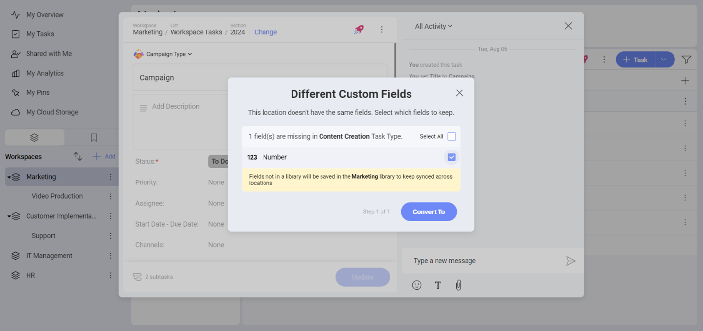 Example of a dialog box with different custom fields for a type