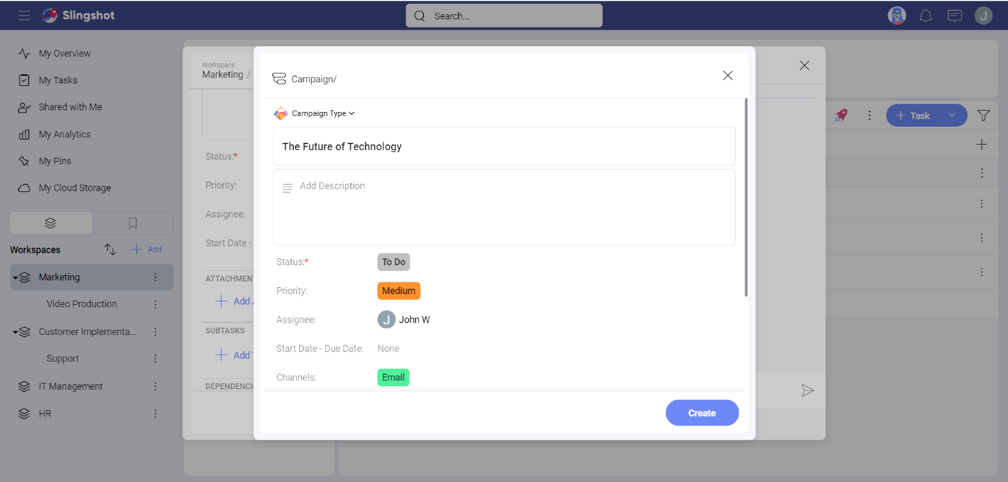 Example of fields of a subtask