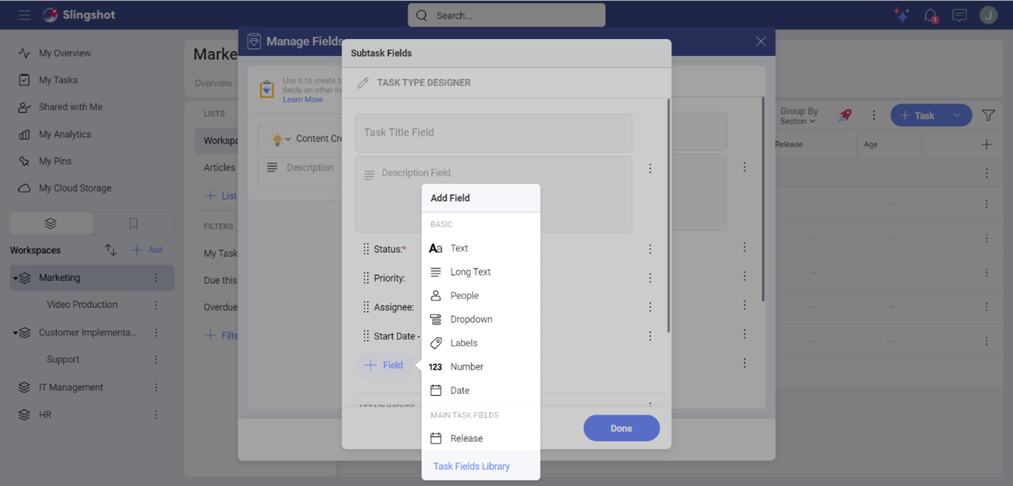 List of parent task fields for a subtask