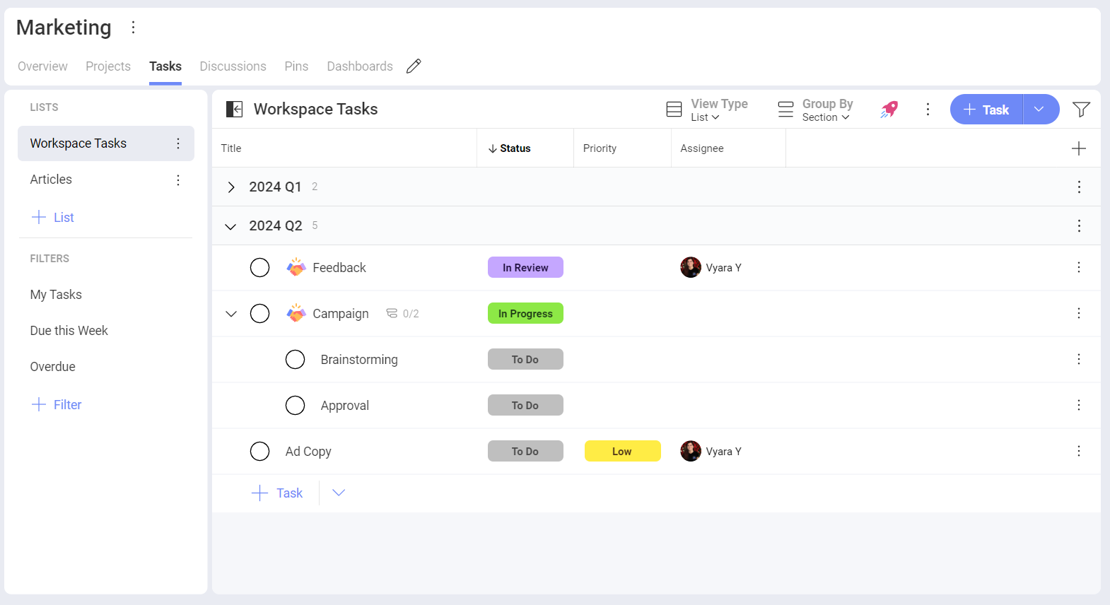 Task List View within Slingshot