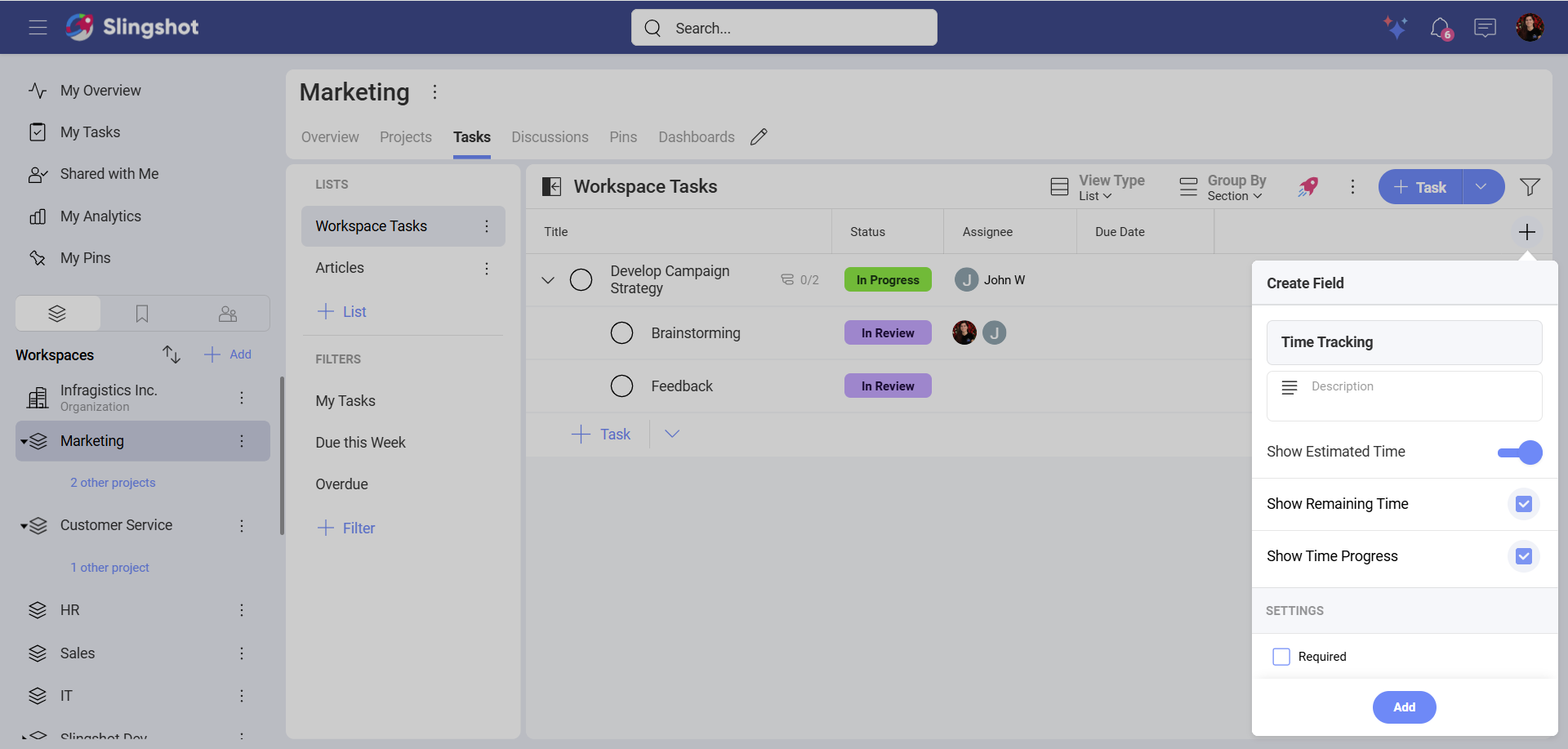 Time tracking field in a list of custom fields