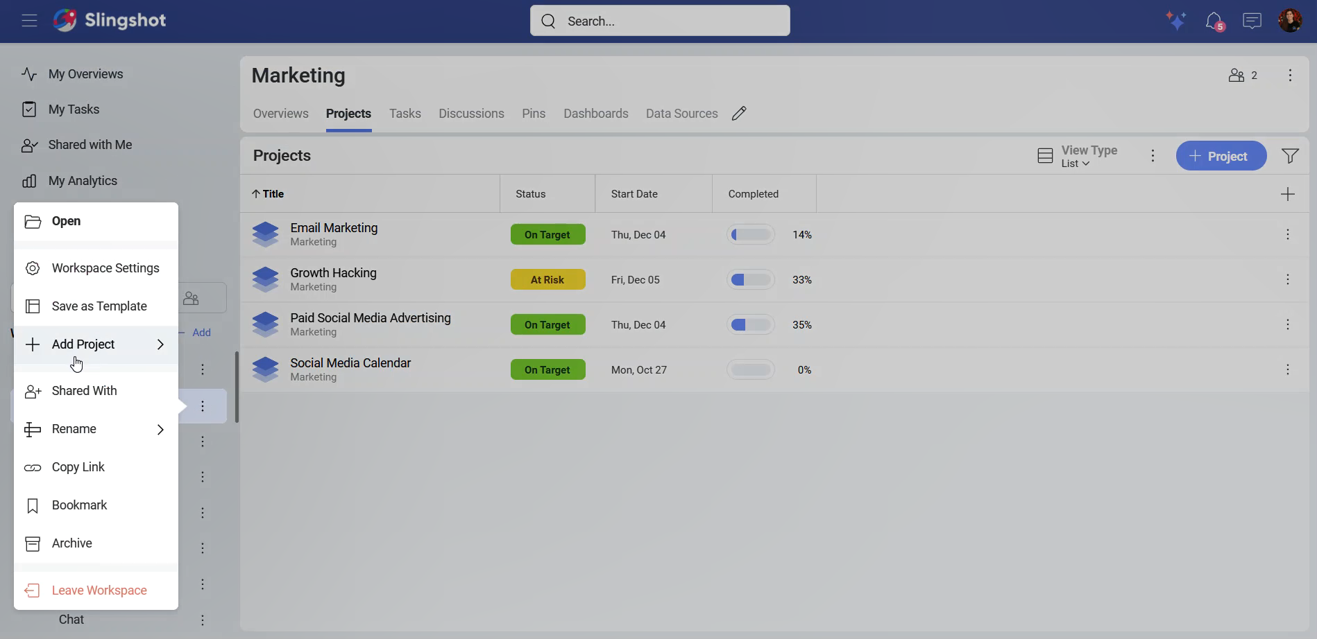 New project option in a workspace overflow menu