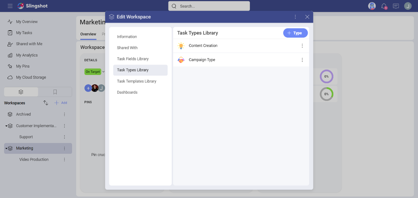 Options for workspace task types in a library