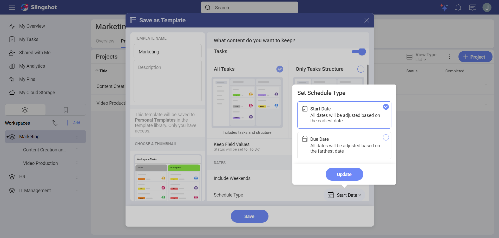 Workspace template tasks options